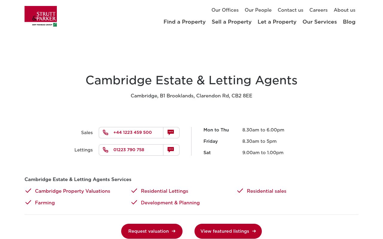Strutt & Parker Cambridge Estate Agents website screenshot