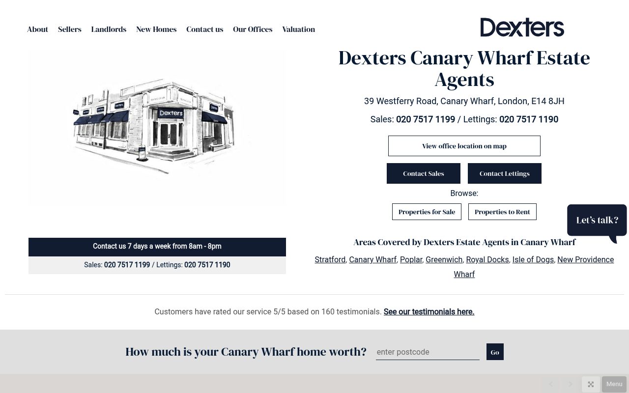 Dexters Canary Wharf Estate Agents website screenshot