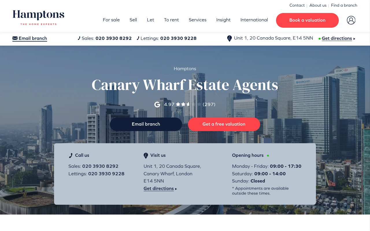 Hamptons Estate and Letting Agents Canary Wharf website screenshot