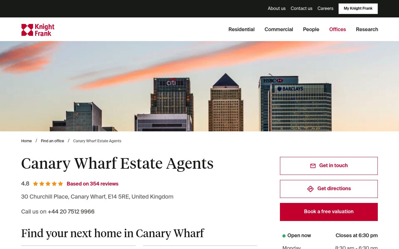 Knight Frank Canary Wharf Estate Agents website screenshot