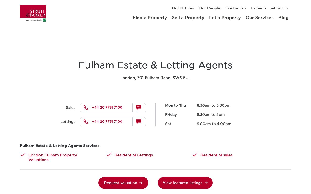 Strutt & Parker Fulham Estate Agents website screenshot