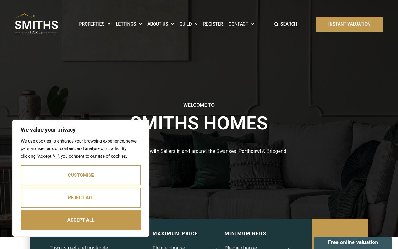 Smiths Homes, Sales & Lettings website screenshot